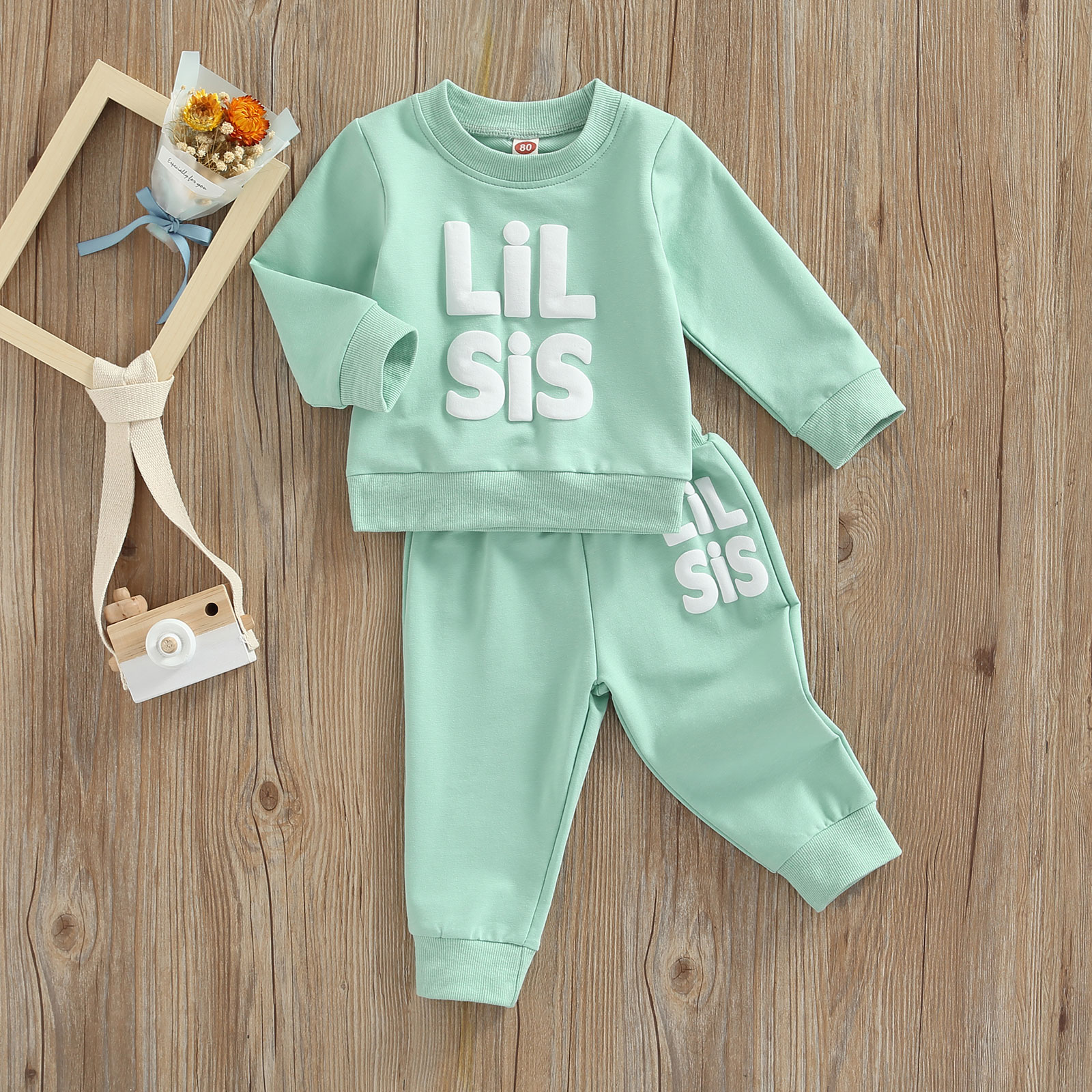 FOCUSNORM 0-5Y Herbst Baby Mädchen Schwester Schöne Kleidung Sets Brief Gedruckt Lange Hülse Pullover Sweatshirt + Hosen – Detail 5