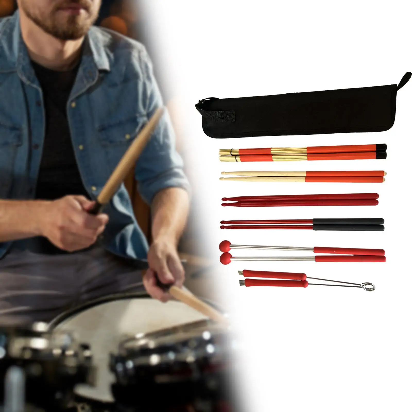 Drumsticks Set Wood Drum Sticks with Storage Bag Rods Drum Brushes for Jazz Folk Kids Adults Music Lover Practicing Drummer