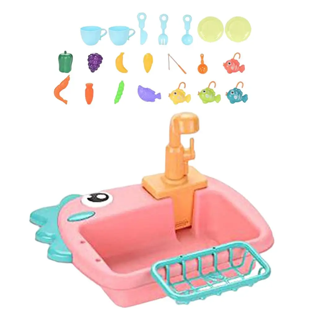 2 in 1 Kitchen Sink Play Set with Working Faucet Electronic Dishwasher Toys Pretend Kitchen Sink Toy for Boys and Girls Gifts