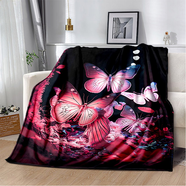 Vintage Butterfly Blanket - Papillon Art Bohemian Bedding2- Blue and Pink 2024 - Sherpa Fleece Blanket - Papilli,n