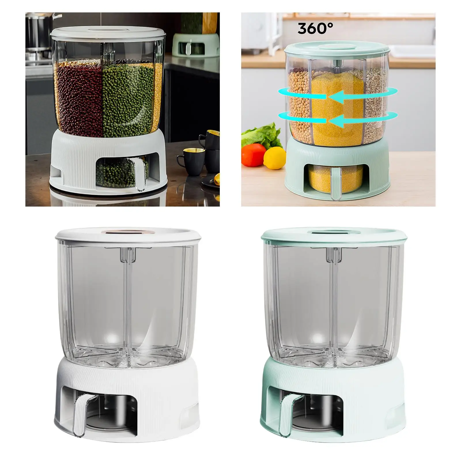 Rice Dispenser with Lid and Cup 6 Grid Dispensing Bin Grain Container Food Dispenser for Millet Corn Household