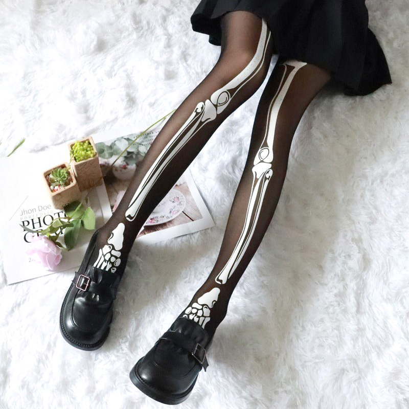 Halloween Schwarz Schädel Druck Strumpfhosen Strümpfe Sexy Frauen Strumpfhosen Leggings für Cosplay Club Party Harajuku Stil Zubehör – Detail 2