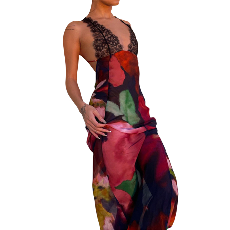 Lace Trim Dress y2k Aesthetic Women Leopard/Floral Print Sleeveless Long Dresses Sexy Backless Cocktail Party Dresses