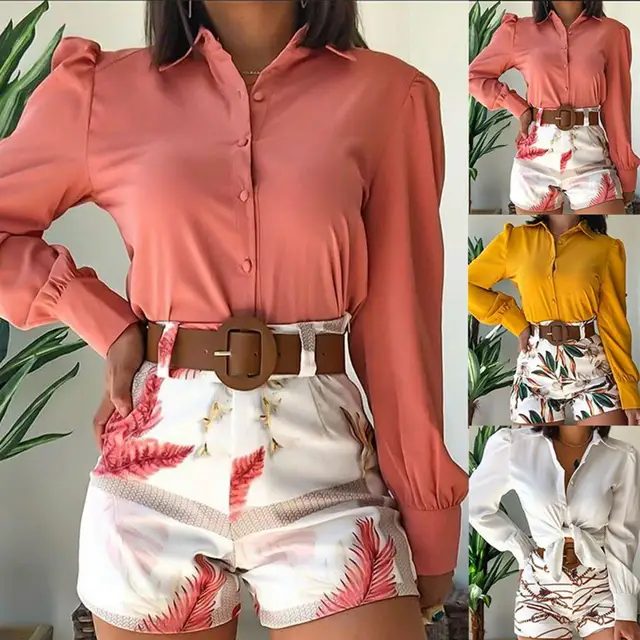 1 Set Women Shirt Shorts Long Sleeve Fashion Floral Printed Summer Solid  Color Tie Knot Top Blouse Shorts Sets for Office