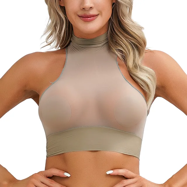 Women Sexy Crop Top Sleeveless See-through Transparent Elastic Mesh  Bralette Bra Deep U Neck Vest Tank Tops Sexy Bras