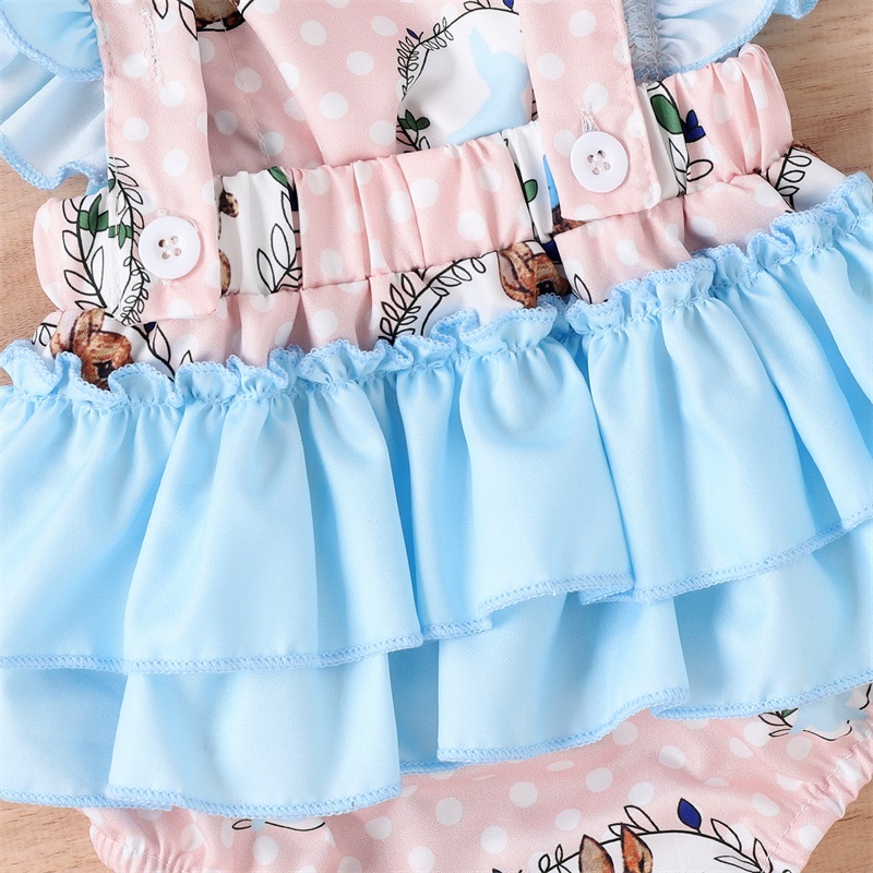 Ostern Infant Baby Mädchen Strampler Dot Kaninchen Druck Square Neck Fly Hülse Rüschen Backless Baby Bodys mit Bogen Stirnband – Detail 3