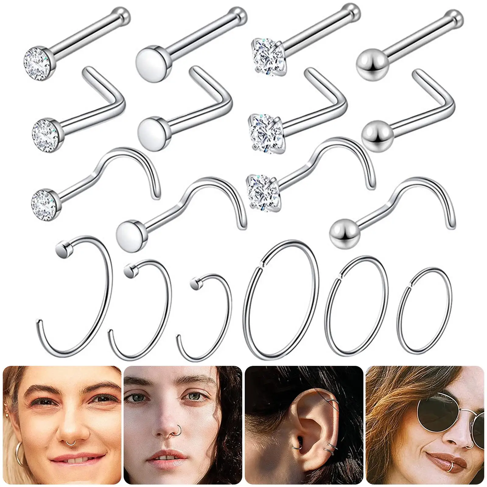 18 Nose Rings Set Stainless Steel Crystal Nose Hoops for Women 