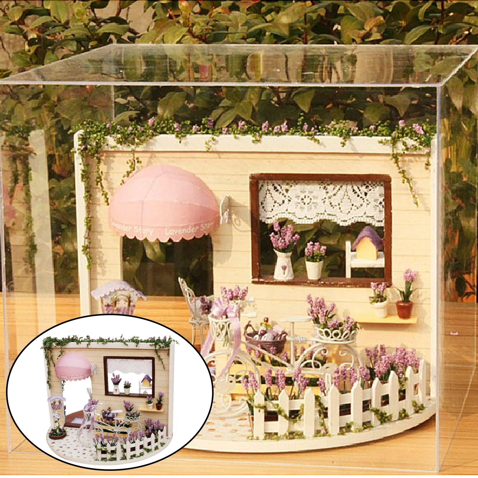Miniature Wood Doll House with Furniture Plants Ornament Kits LED Light Sky Garden Lavender Story Model Puzzle Building Kit