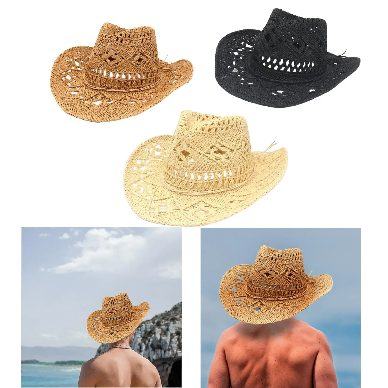 Fashion Hollowed Handmade Cowboy Straw Hats Women Men Summer Outdoor Travel Beach Hats Unisex Solid Western Sunshade Caps