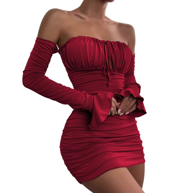 Lace Up Push Strapless Off Shoulder Bodycon Dress Women Sexy