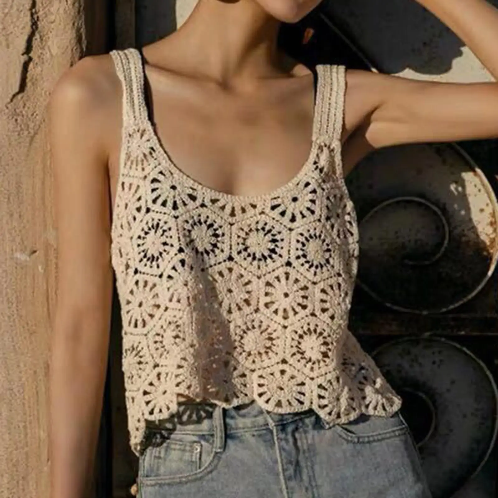  Women Hollow Out Tank Tops Camisole Corset Color Sleeveless Loose Crop Tops Knitted Floral Print Bohemian Female Girls