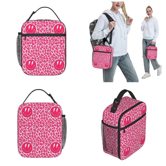 Preppy Aesthetic Pink Leopard Print Smile Insulated Lunch Bag Lunch  Container Thermal Bag Lunch Box Tote Office Picnic Men Women