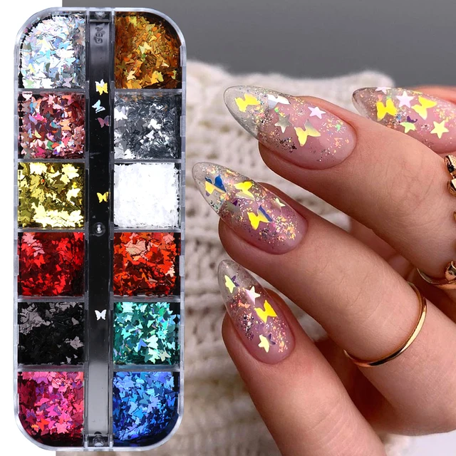 Bcloud Butterfly Holographic Flakes Nail Glitter Sequins Decor Manicure Tips Slices, Mix Color