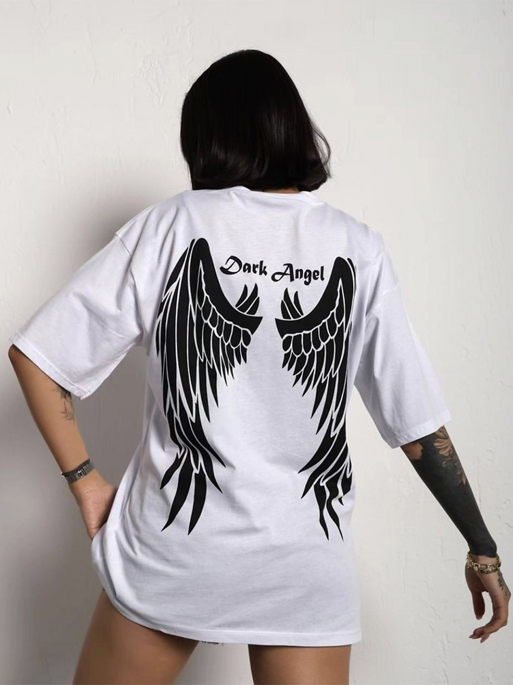 Casual O-neck Angel Wings Printed Plus Size T Shirts for Women