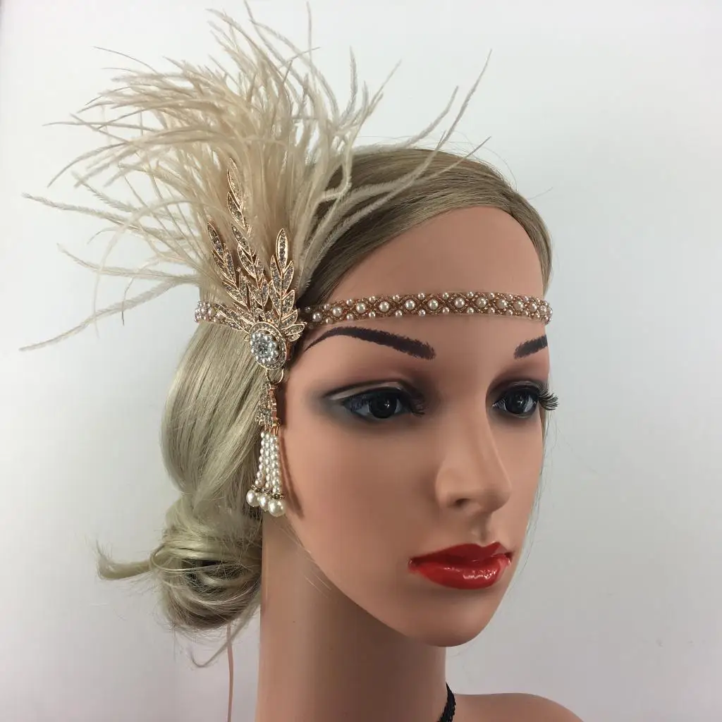 1920s Champagne Feather Headband Crystal Pearls Tassel Charm