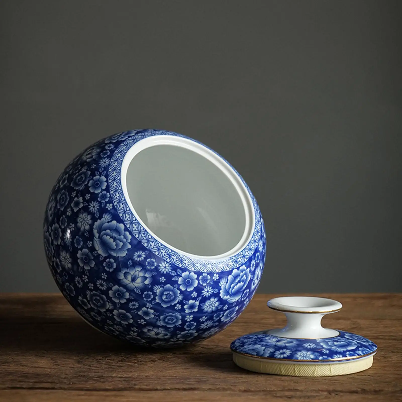 Ceramic Tea Jar, with Lid Blue White Porcelain Ornaments Container for Storage Decor