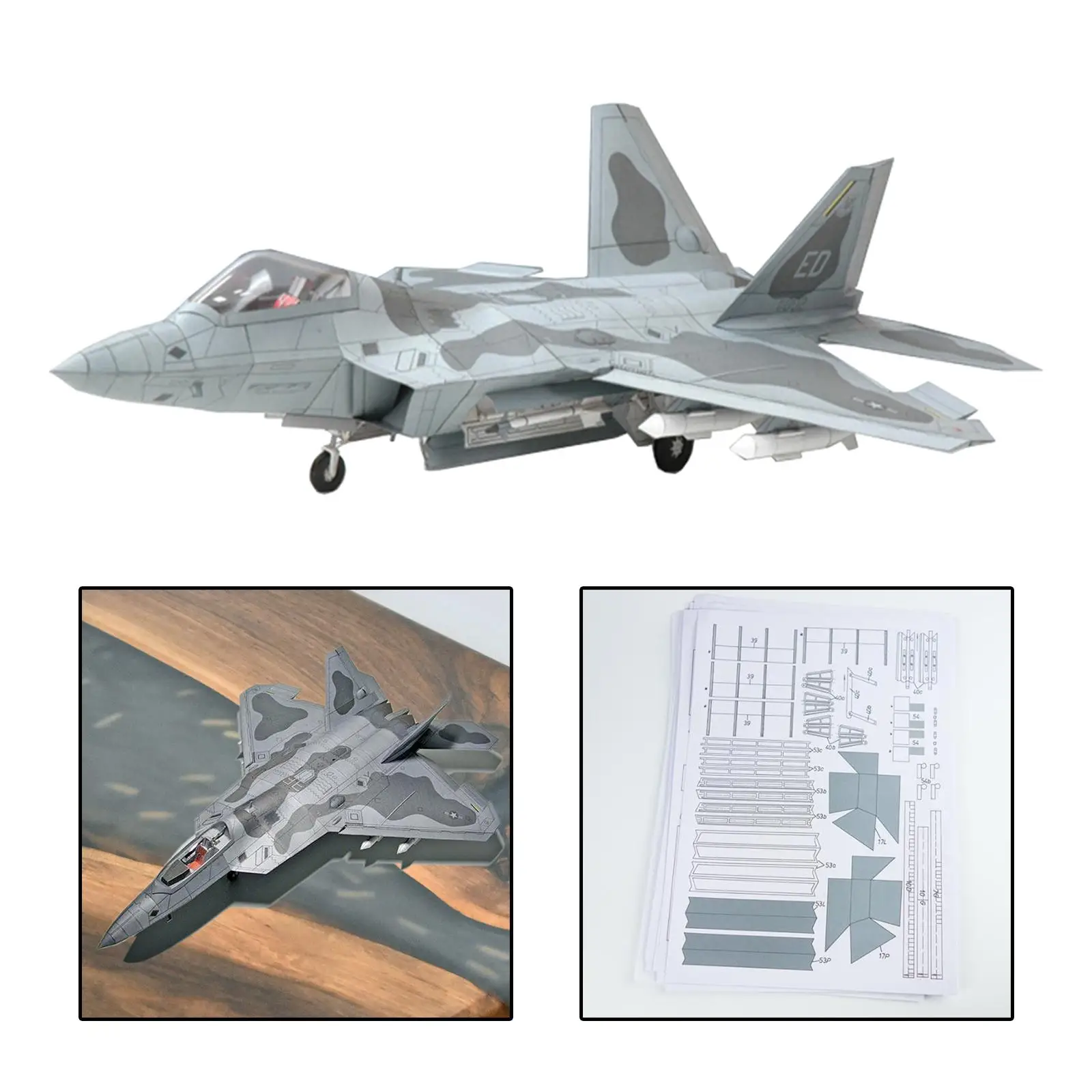 1/33 3D F22 Fighter Assemble Paper Model Kit,Building Blocks Education Toys DIY Papercraft for Kids