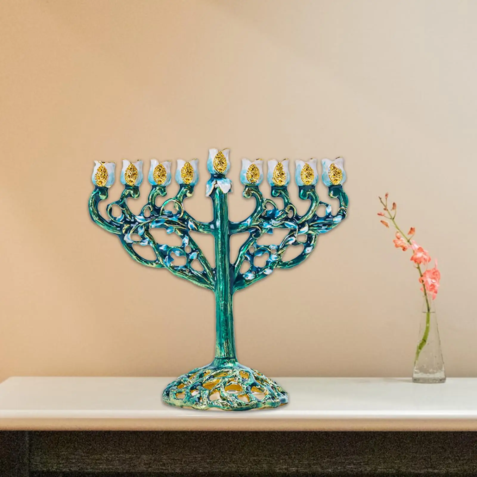 Hanukkah Enamel Menorah with Jeweled Accents Jewish Embellished Bejeweled Candle