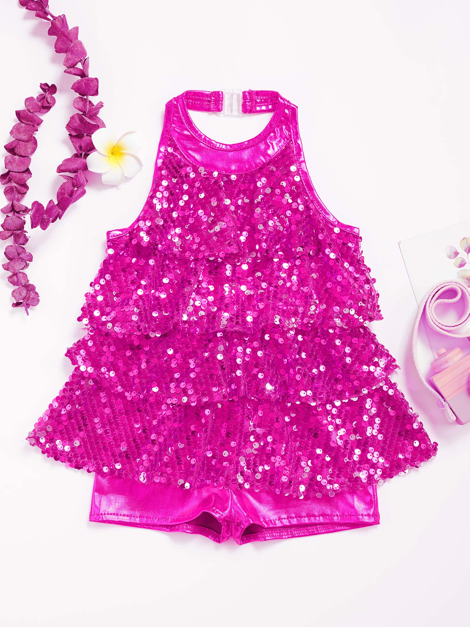 Kinder Mädchen Neckholder Glänzende Pailletten Moderne Jazz Latin Ballett Tanz Kostüm Shorty Ganzanzug Kleid Bühne Leistung Dancewear – Detail 16