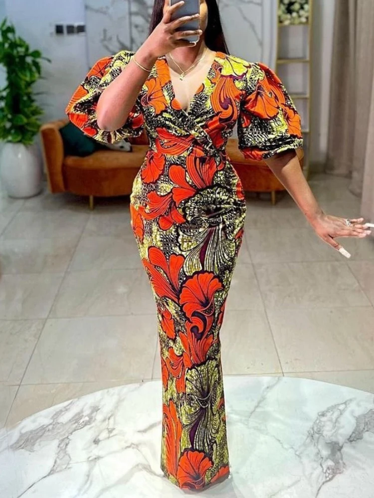 African Women Printed Long Dresses Vintage Summer Puff Sleeve Floral Dress Curvy Ladies Stylish Large Size Birthday Party Gowns