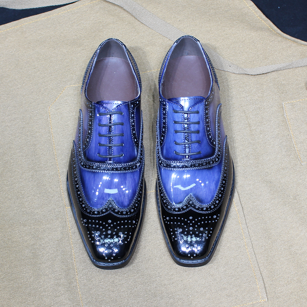 Luxuriöse Herren-Oxfords aus blauem Lackleder mit Brogue-Flügelspitze, zum Schnüren, formelle Schuhe für Büro, Hochzeit, Party – Detail 9