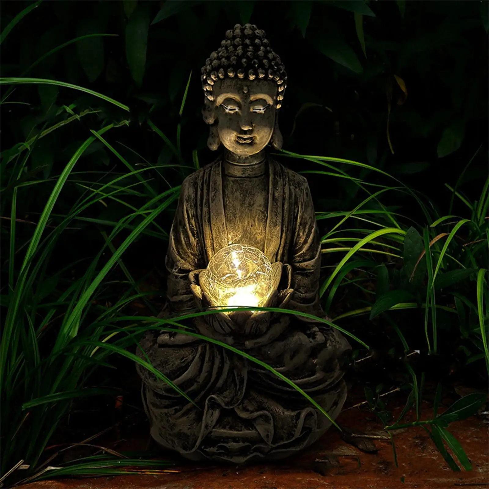 Meditating Buddha Garden Statue Lotus Buddhism Sculpture Resin Figurines LED  for  Porch Housewarming