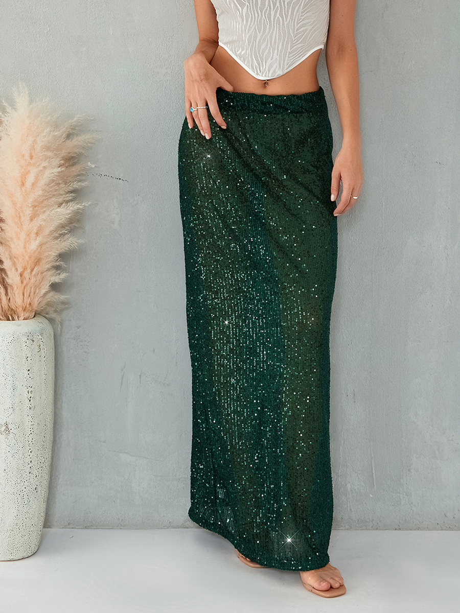 Autumn Solid Color Sequins Long Skirts Women Low Waist Party Skirts Fashion Casual Skirts Streetwear