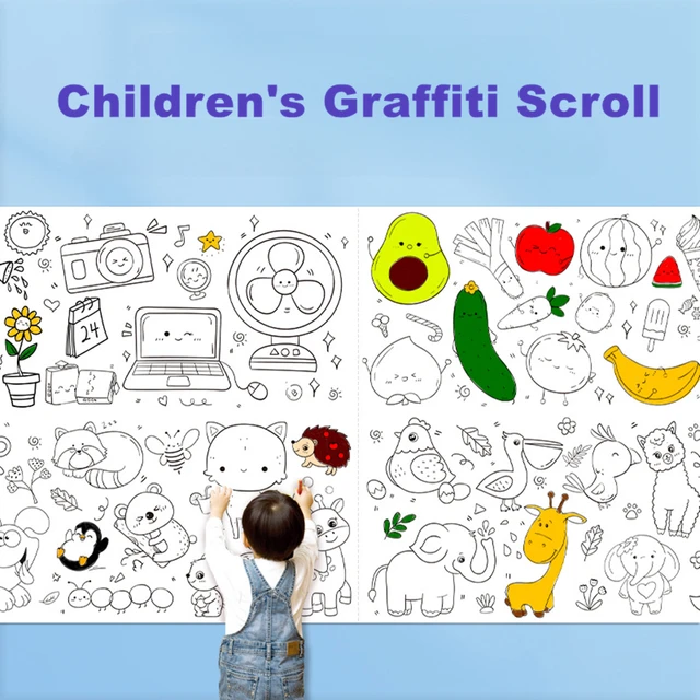 Rolo de papel de desenho pegajoso para crianças - Tema dinossauro e  transporte - Suprimentos de arte de parede removível para colorir e desenhar