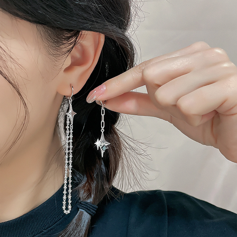 Ciaxy Silber Farbe asymmetrische vierzackige Stern Ohrringe für Frauen einfache Quaste Kette Tropfen Ohrringe Party Geschenk Schmuck – Detail 8