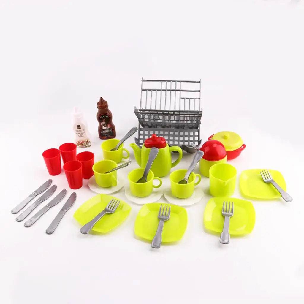 Simulated  Playset - Cups, Cutlery, Saucepan, Dish & Drainer, Set of 34
