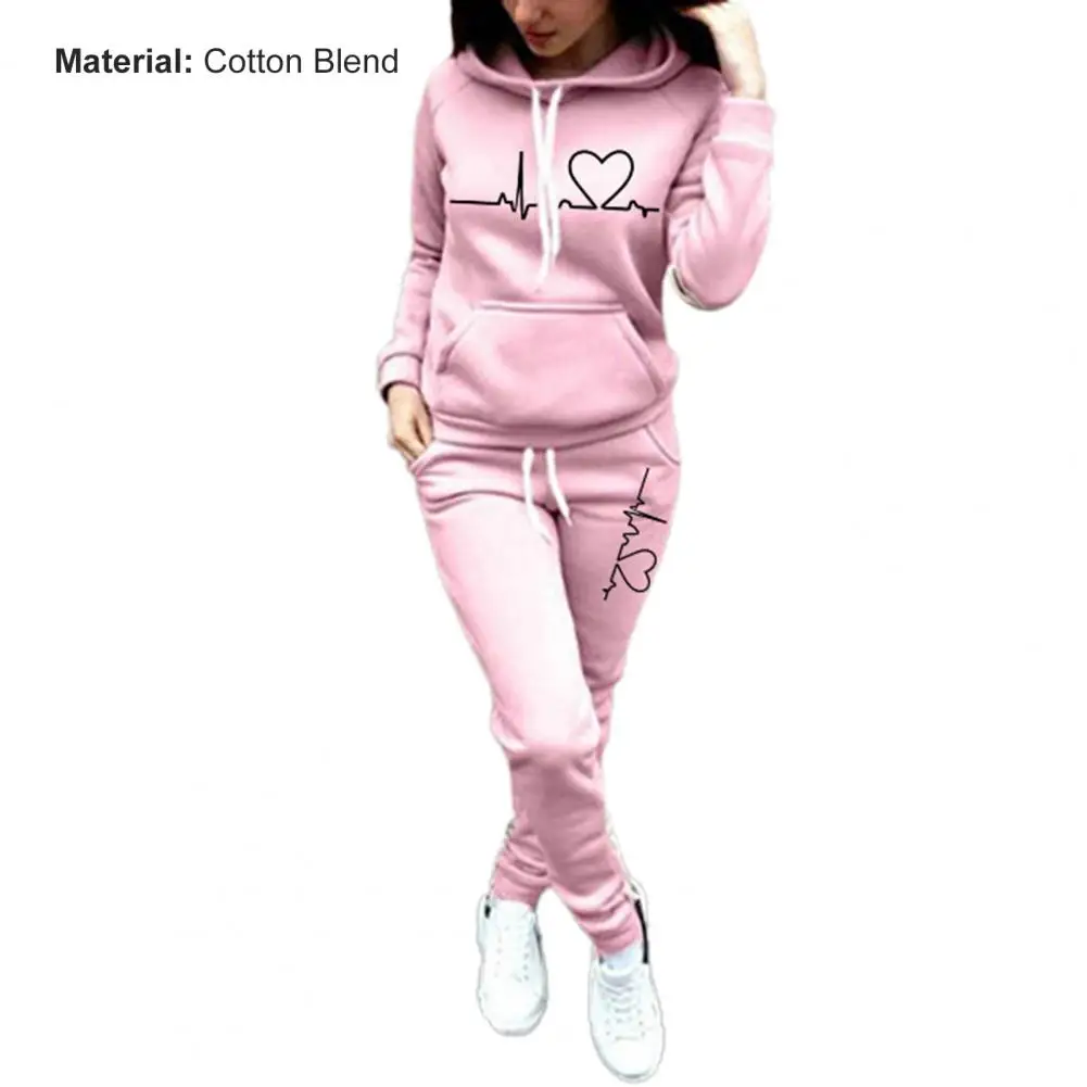 2 Pcs/Set Women's Tracksuits Heart Print Thick Warm Breathable Solid Color Hoodie Suit for Daily Wear set woman 2 pieces mother of the bride pant suits