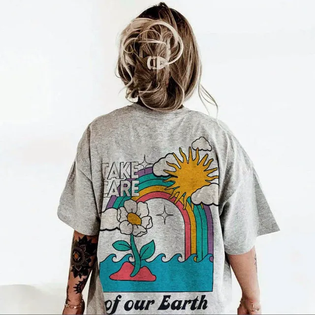 Take Care of Our Earth Women Printing on The Back Graphic Tees Summer Loose  Retro Style Cotton Top Ins Fashion Aesthetic T Shirt