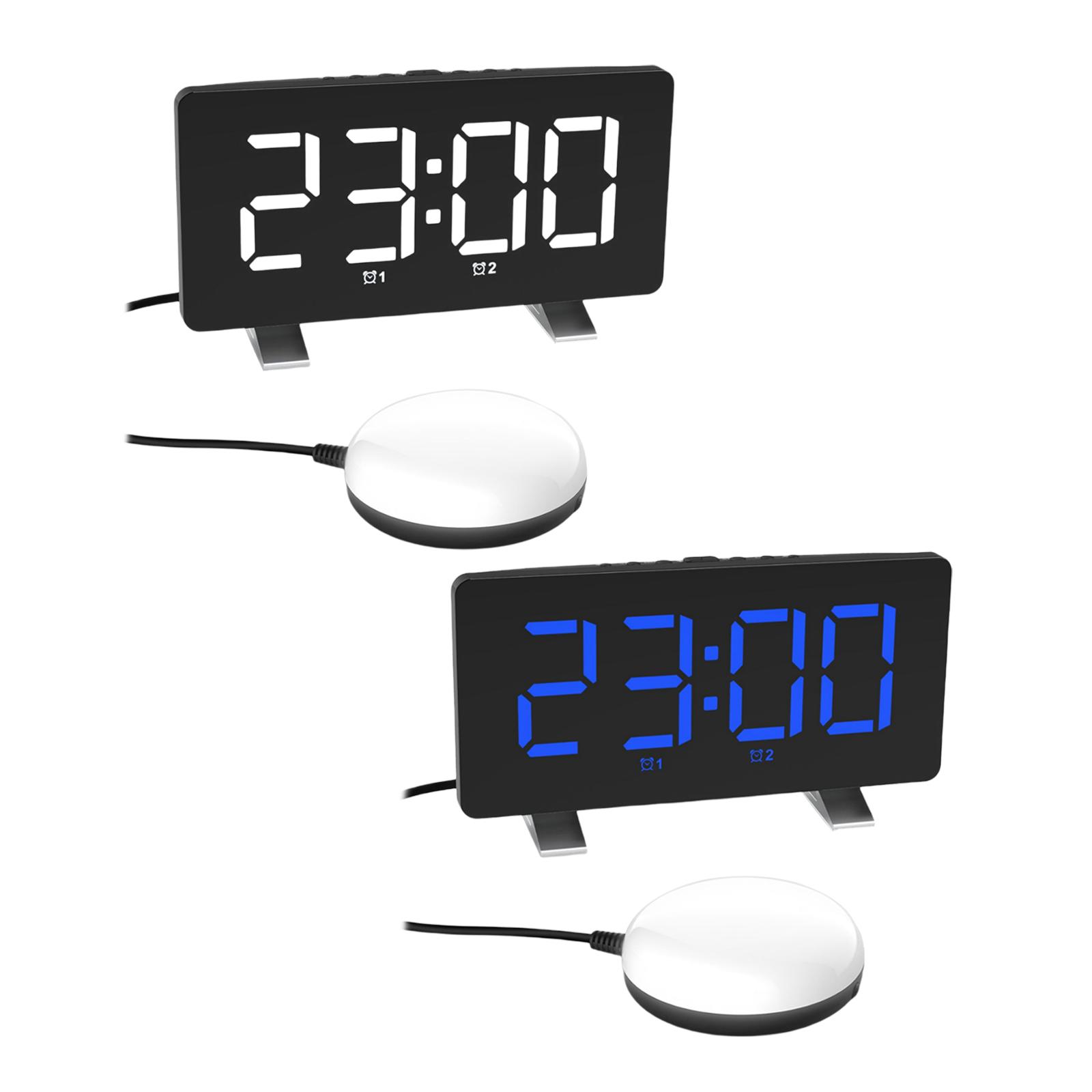 Clock LED Desk Mirror Alarm Clocks Snooze USB Charger Ports Vibrator Clock Night Light with Bed Shaker for Deaf Adults Kids