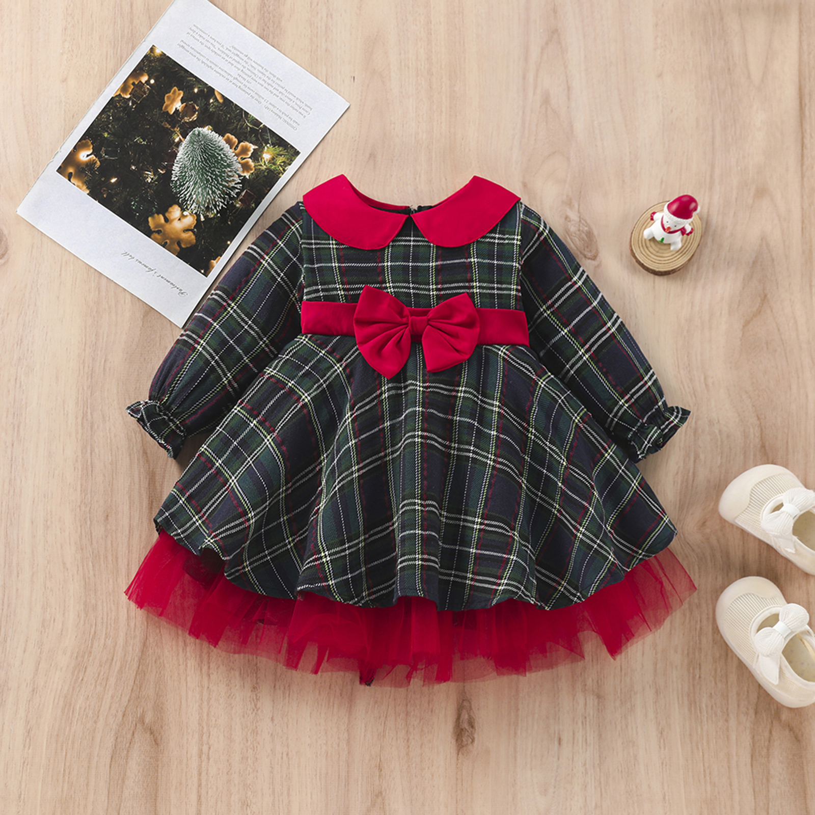 Kleinkind Kinder Baby Mädchen Frühling Herbst A-line Kleid Langarm Peter Pan Kragen Plaid Kleid mit Gürtel 1-7T – Detail 1