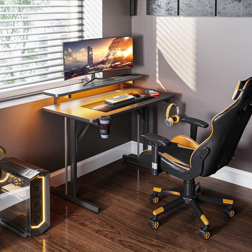 Description Picture 4 of itemSmall Gaming Desk with LED Lights, Computer Desk 31 Inch Gaming Table with Monitor Shelf, PC Gaming Desk Gamer Desk with