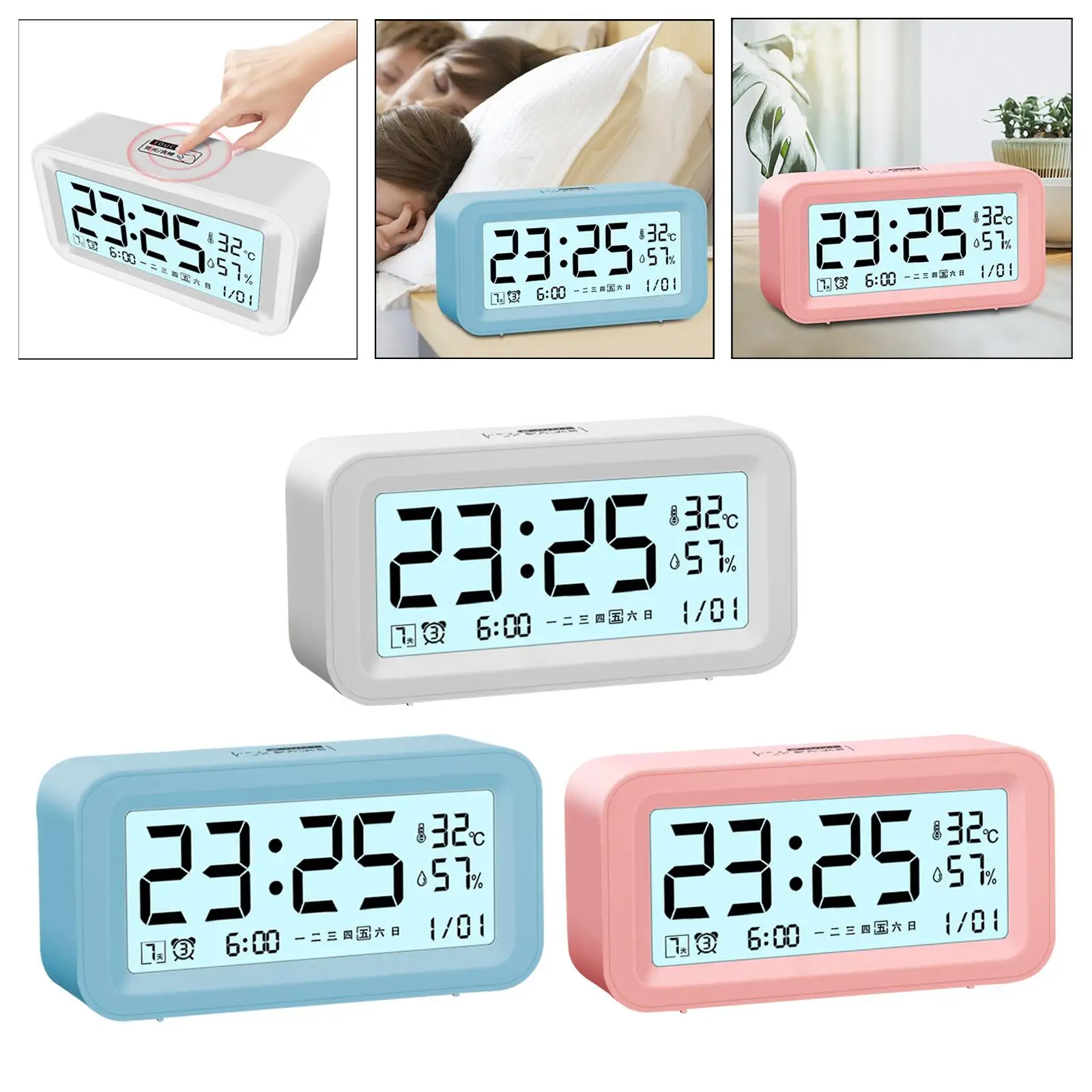 Digital Alarm Clock Touch Backlight with Temperature Humidity Date for Home Children