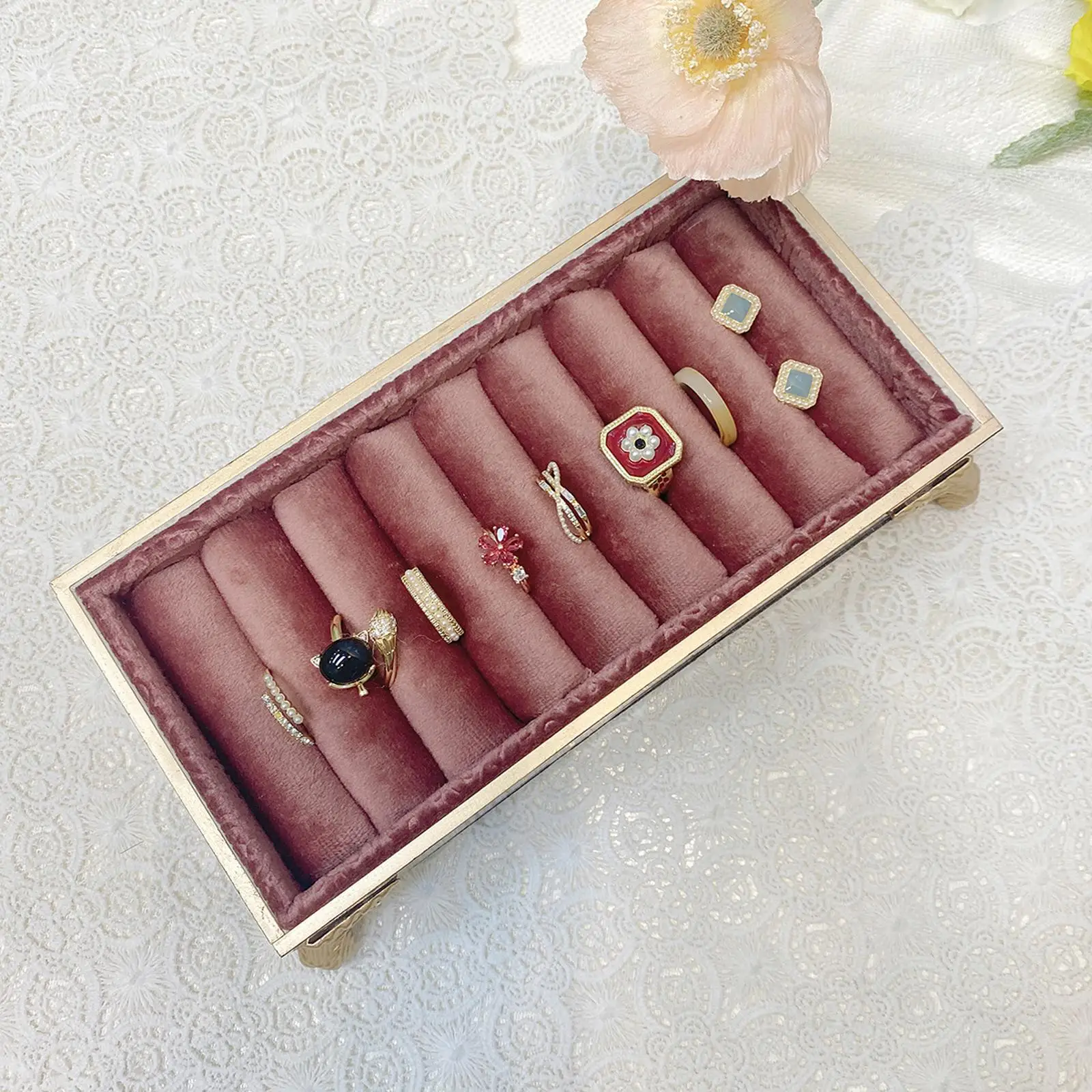 Women Velvet Jewelry Display Tray Home Decor Rack Show Case Storage Box Pink