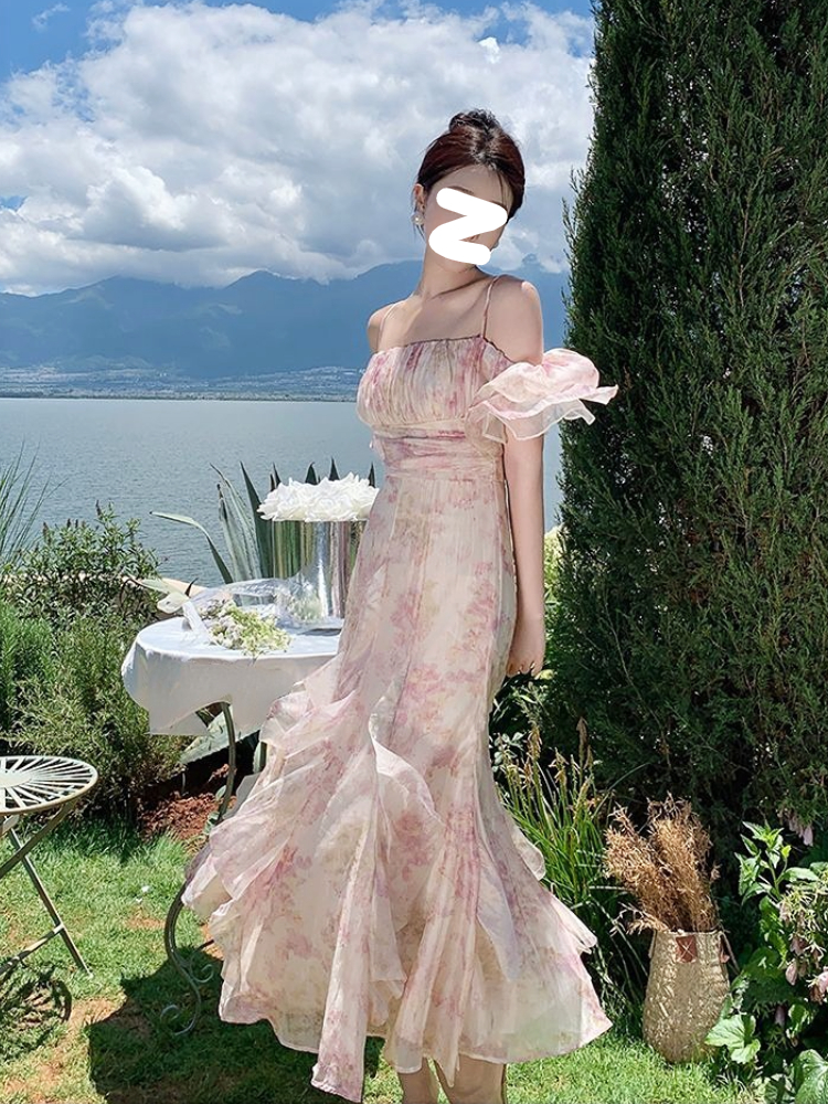 Chiffon Floral Dress Beach Style Elegant Party Midi Dress