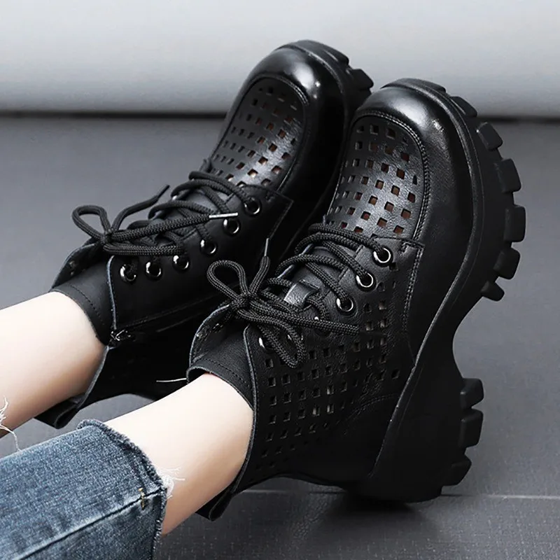Женские ботинки с перфорацией, черные однотонные ботинки для отдыха, лето2023