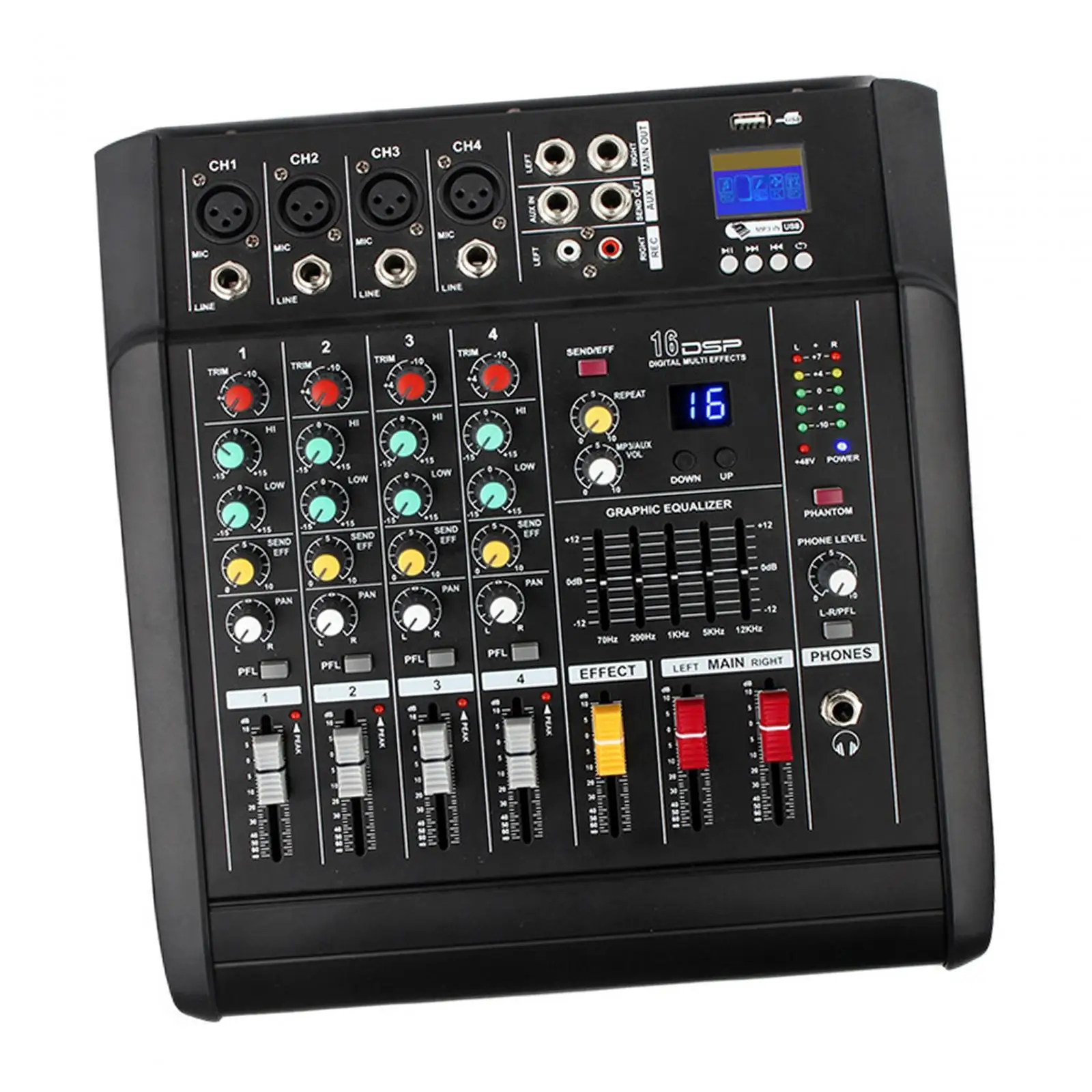 DJ Audio Mixer Amplifier USB Bluetooth 16 Bit DSP Effect DJ Mixer Mixing Console for Studio Performance Stage Party Recording