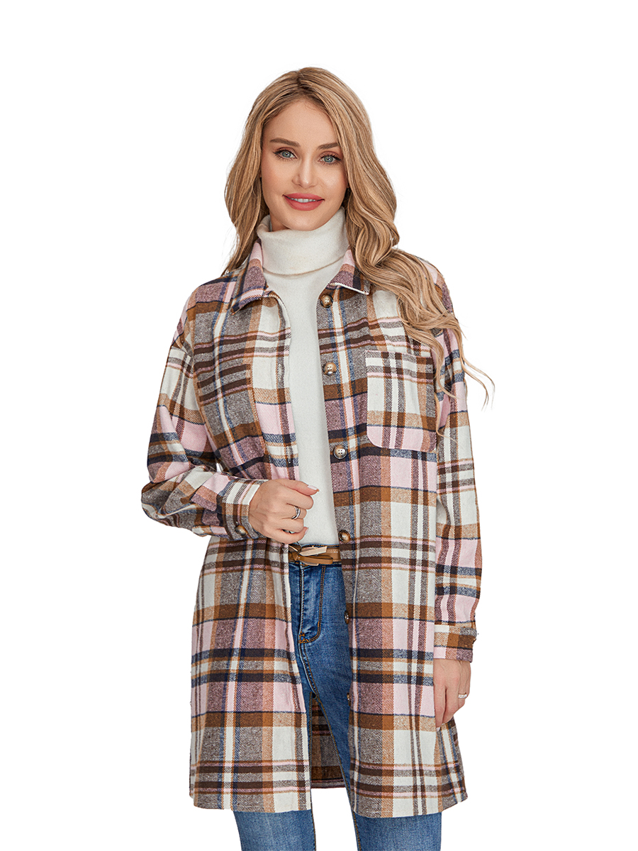 Women Long Sleeve Lapel Button Down Casual Plaid Shacket Jacket