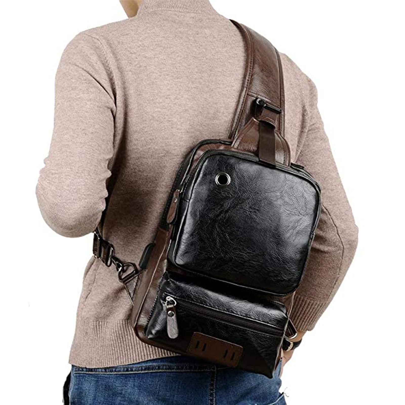 Men`s Sling Bag Messenger Bag Daypack Anti-Theft Waterproof PU Leather One Strap Backpack Shoulder Pack for Business Outdoor