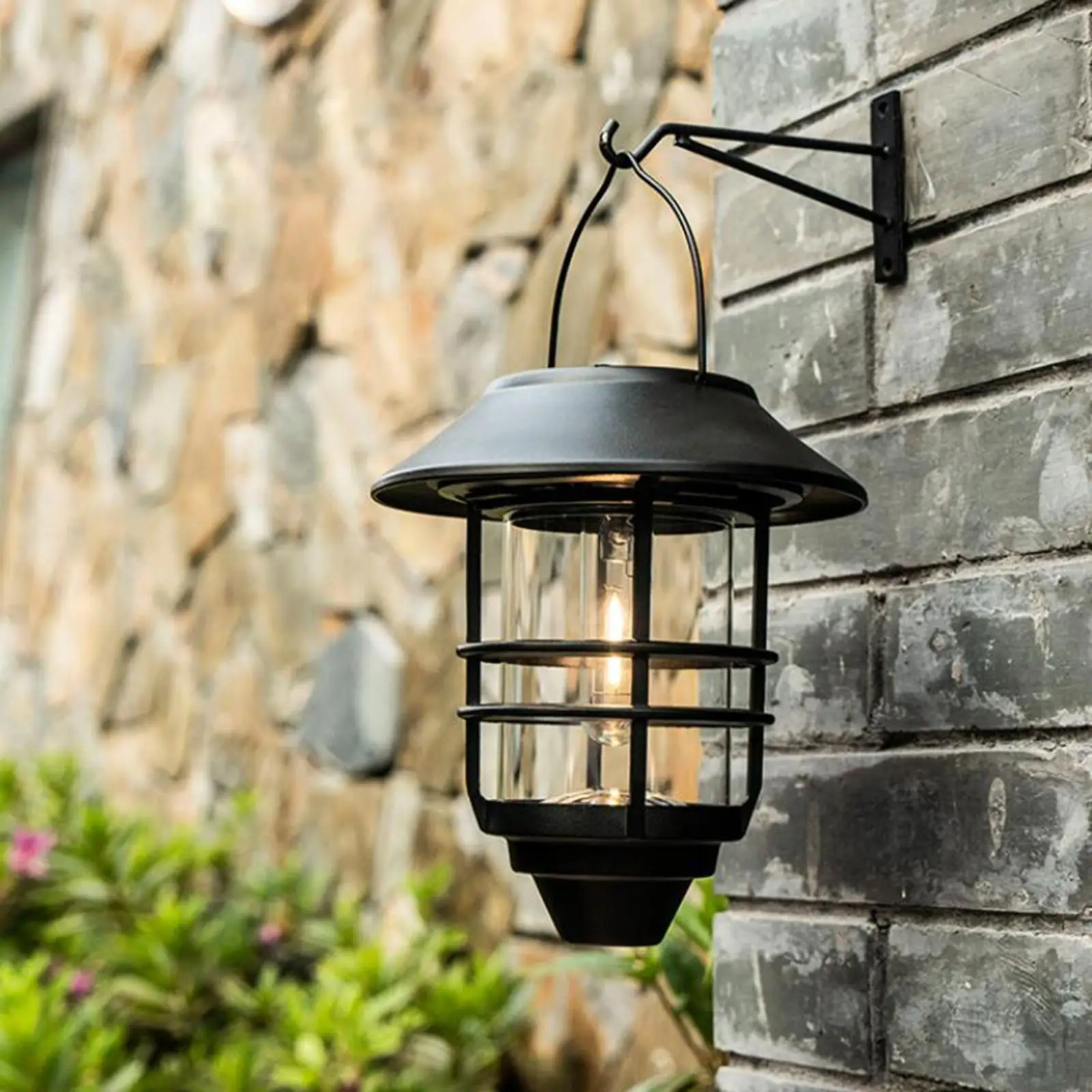 Solar Power Hanging Lantern Light Fixture Lamp Warm White Waterproof Sconce LED Metal for Yard Porch Courtyard Patio Wall