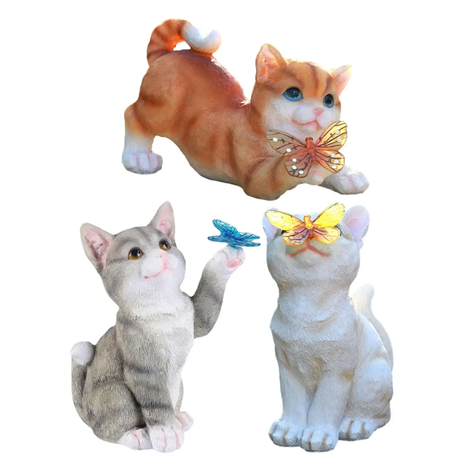 Garden Cat Statue Butterfly Solar Light Decorative Realistic Resin Painted Figurine for Landscape Patio Porch Backyard Lawn