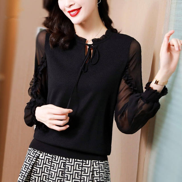 Elegant Women New Loose Chiffon Shirt Gauze Long Sleeves Lace