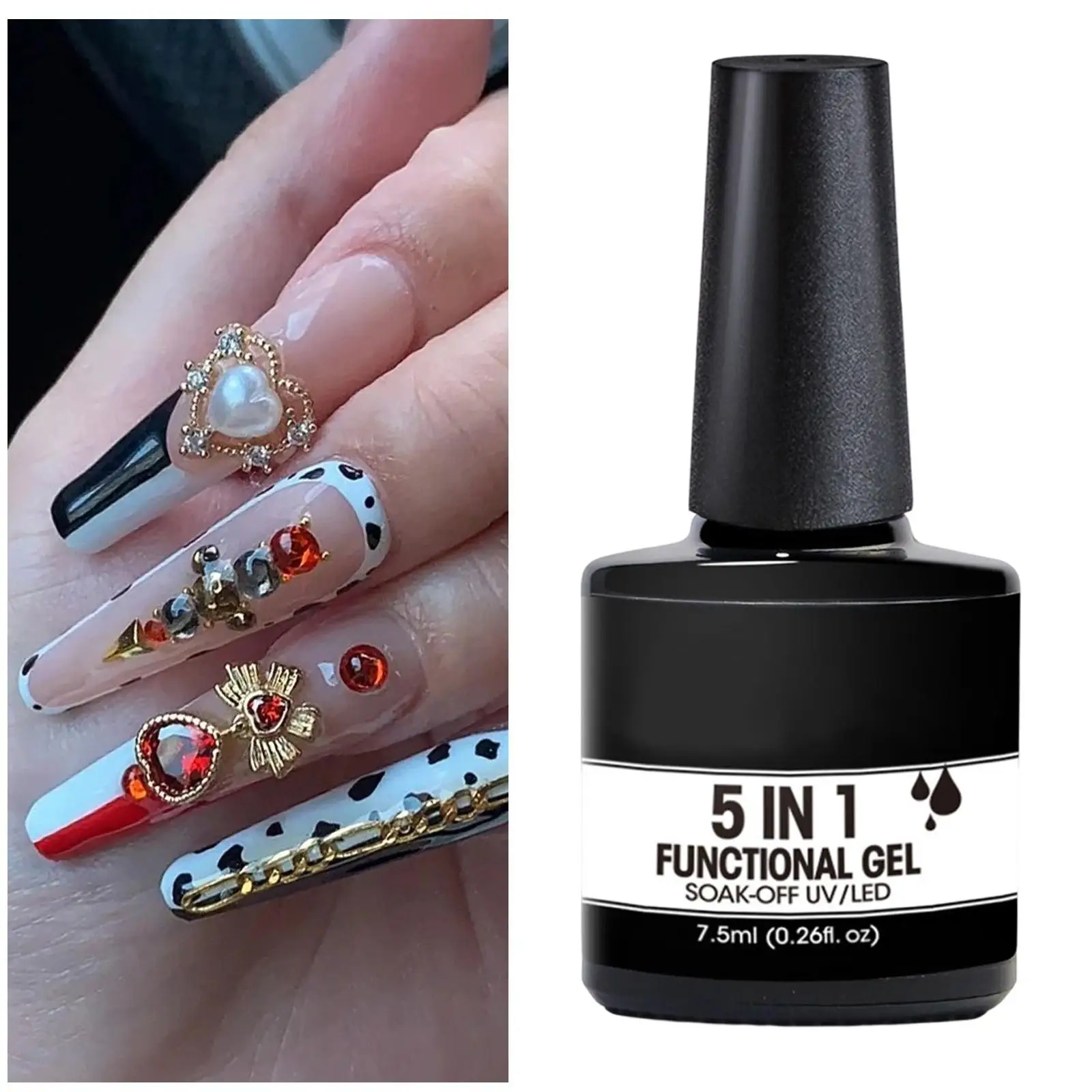 5 in 1 Nail Gel, Manicure Nail Art Nail Polish Soak Off UV, Top/Base Coat Broken Nails Repair, Strengthener Gel Reinforcement.