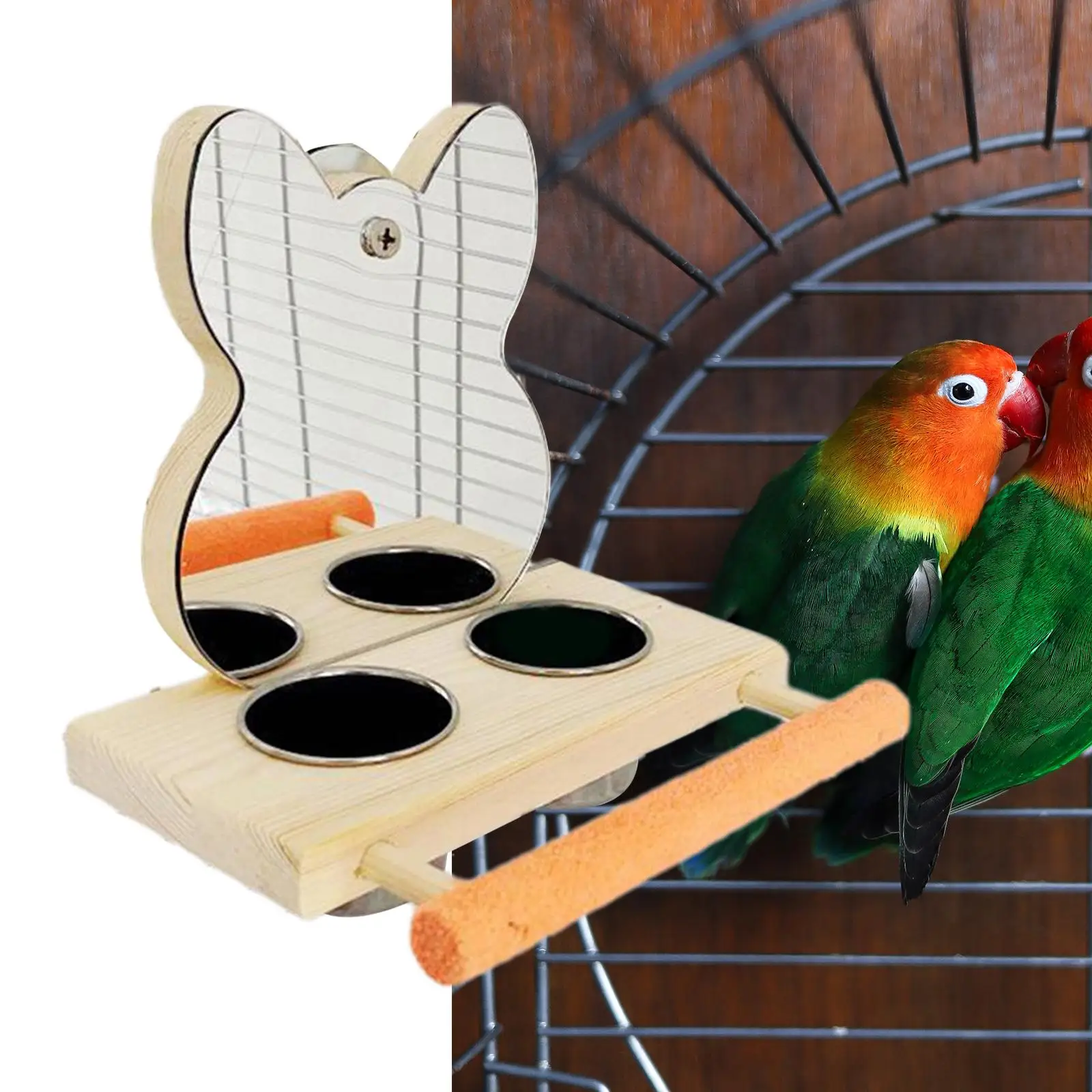 Bird Water Cups with Perch Hanging Wooden Bird Stands Parrot Mirror Toys for Canaries Macaws