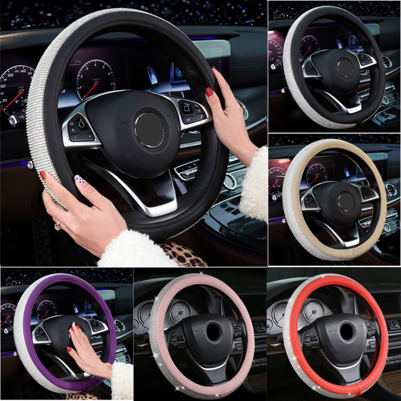 Strass Auto Lenkrad Abdeckung Leder Bling Kristall Diamant Lenkrad Schutz Auto Innen Dekoration Zubehör – Detail 2
