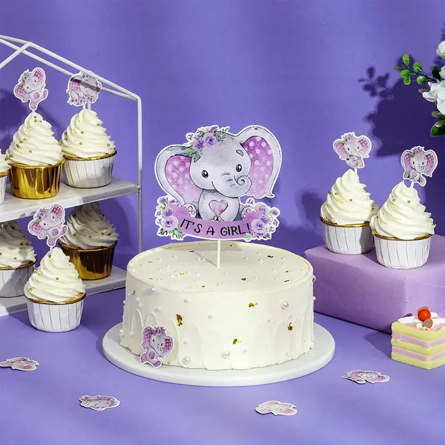 25 Pcs Elephant Baby Shower Cake Decorations Purple It's A Girl