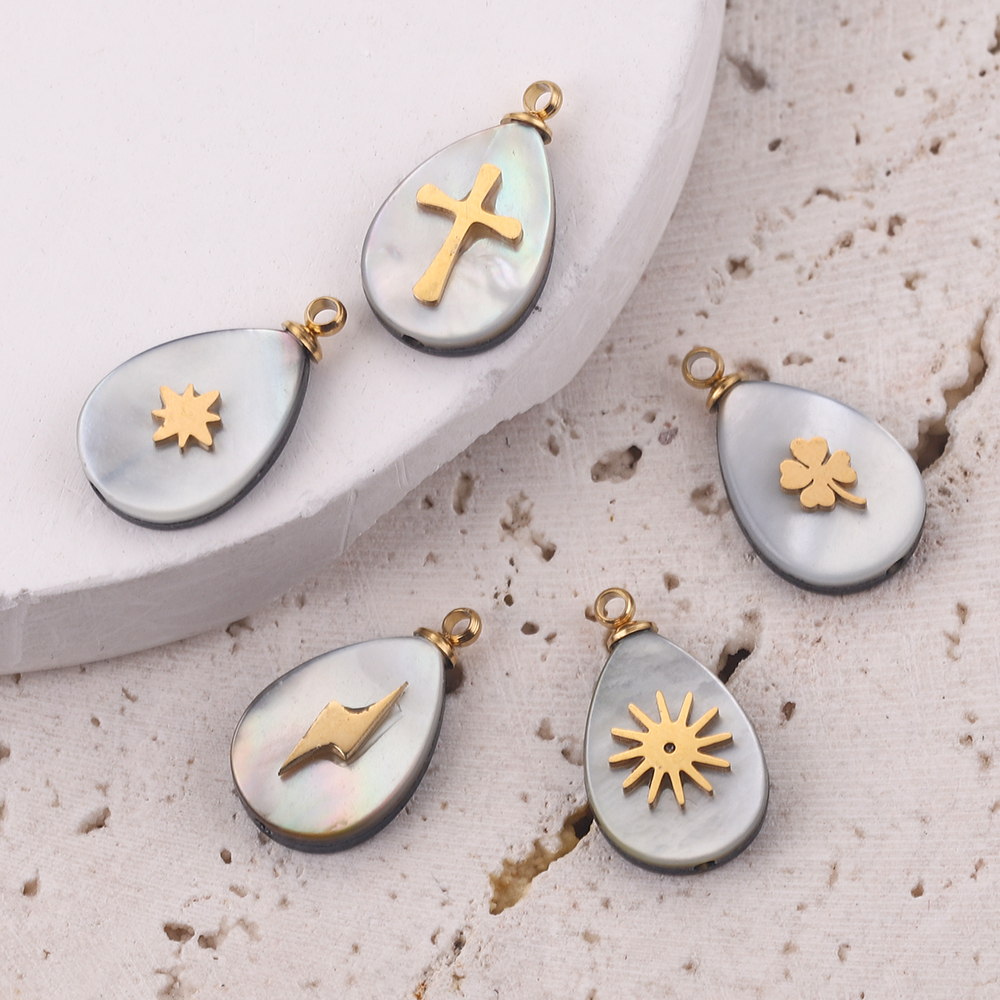 5 stücke Gold-Platte wasser tropfen Edelstahl Charms Natürliche Shell Clover Anhänger für DIY Schmuck Halskette Ohrring liefert – Detail 3